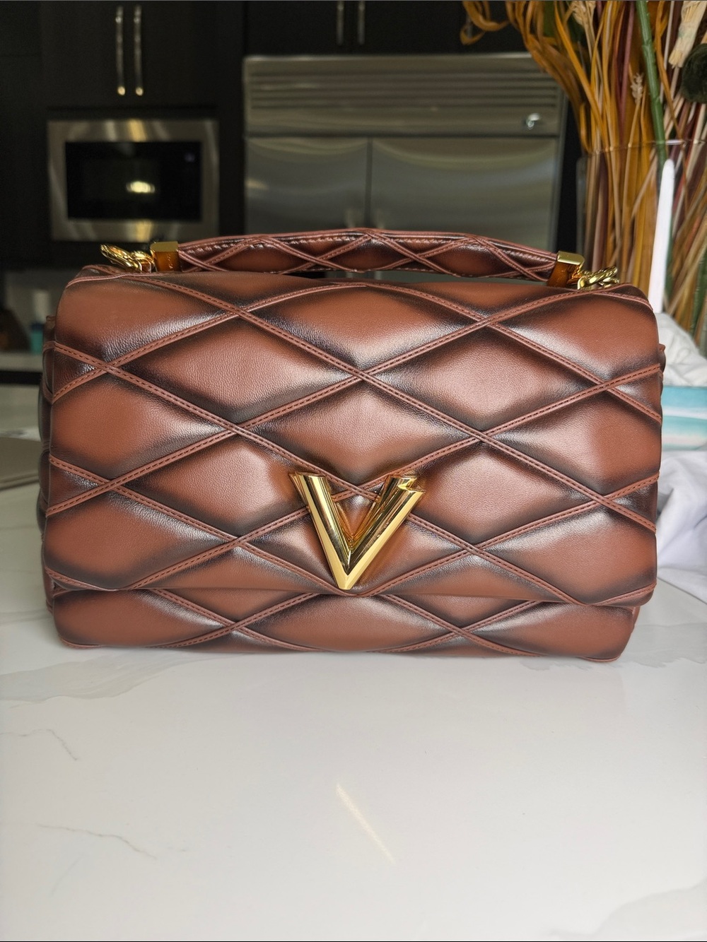 Quilted Brown Shoulder Bag with Gold Accent